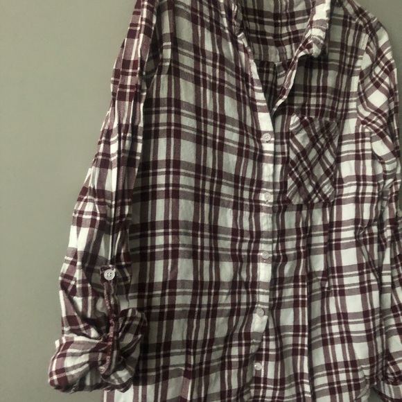 White & burgundy thin cotton-blend plaid shirt M - Picture 2 of 5